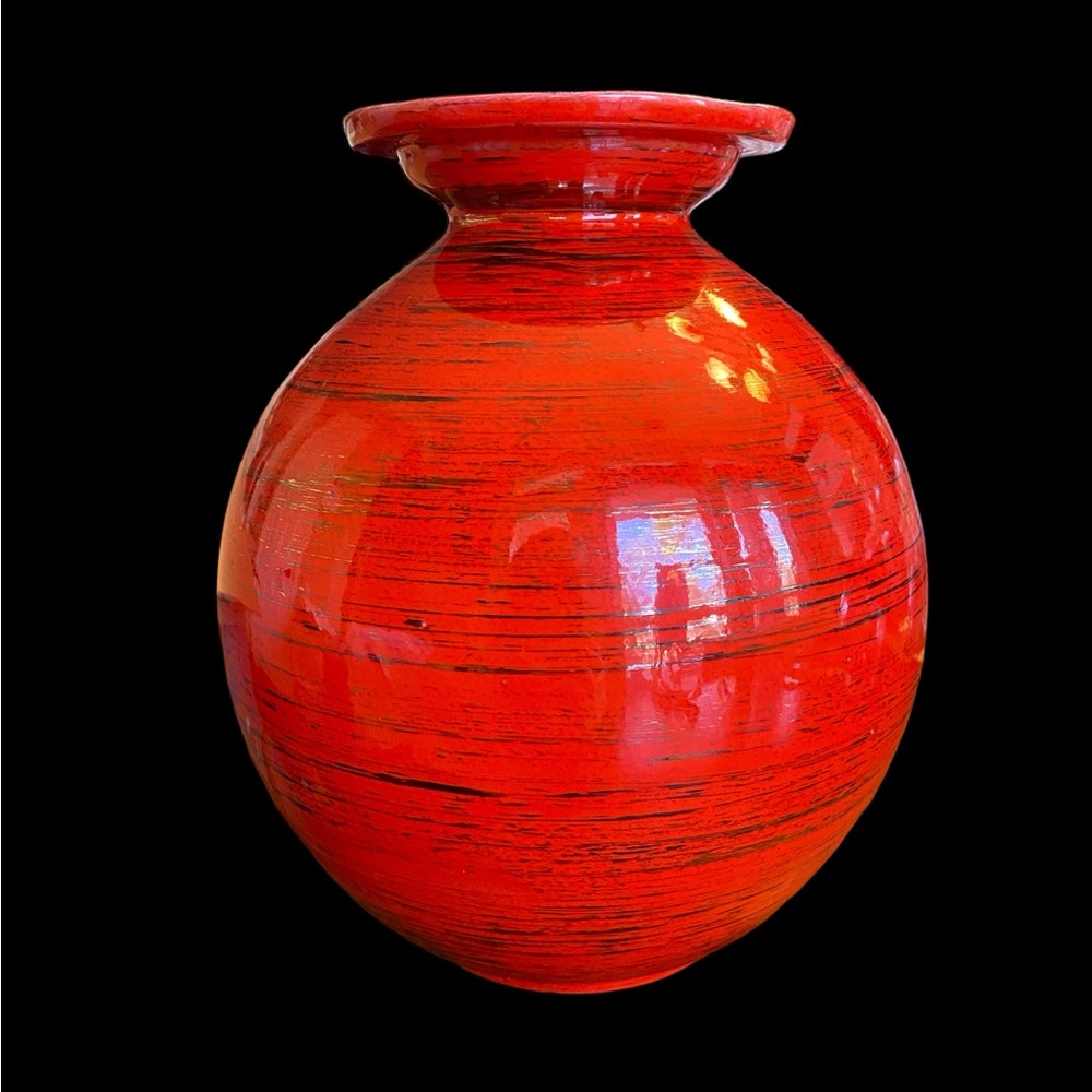 Vintage Mid-Century Modern Red & Gold Art Glass Vase - Signed "JL"